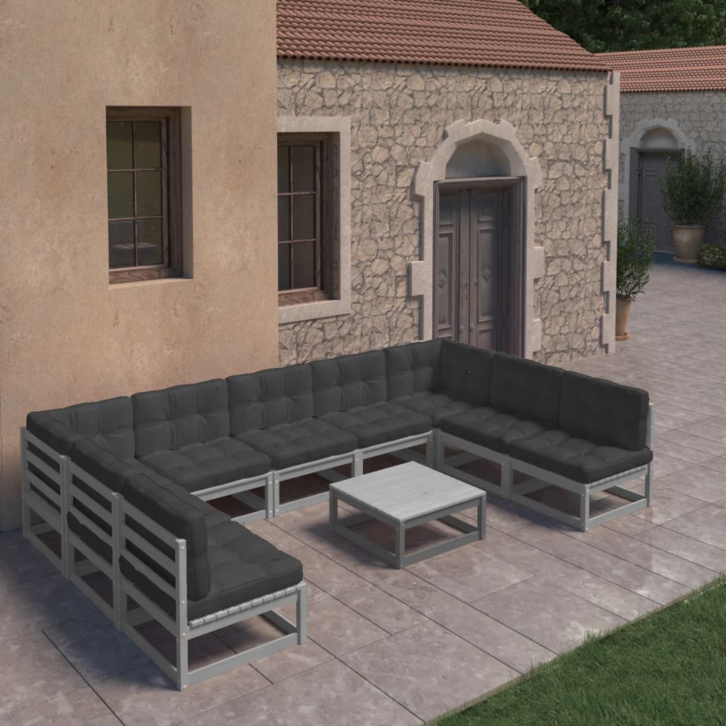 10-tlg. Garten-Lounge-Set mit Kissen Grau Kiefer Massivholz.
